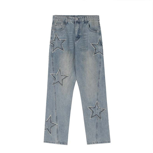 Men's Embroidered Jeans with Cat Whisker Design