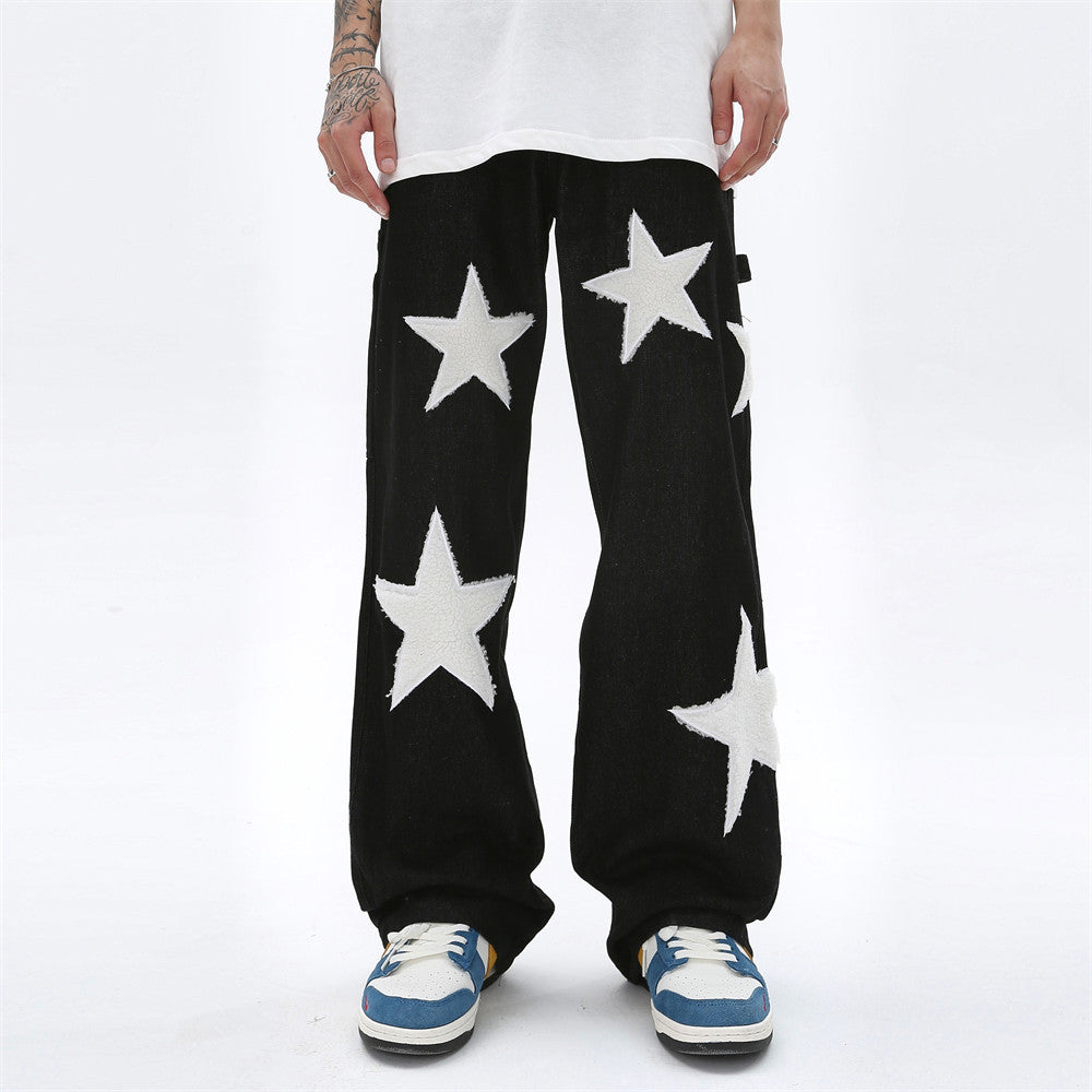 Men's Five Pointed Star Flocking Embroidered Jeans
