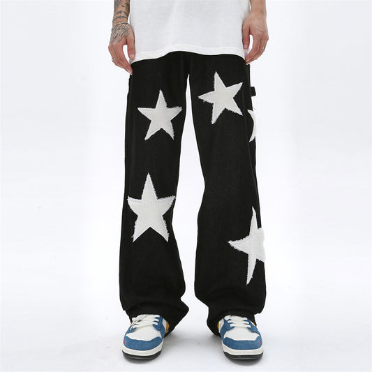 Men's Five Pointed Star Flocking Embroidered Jeans
