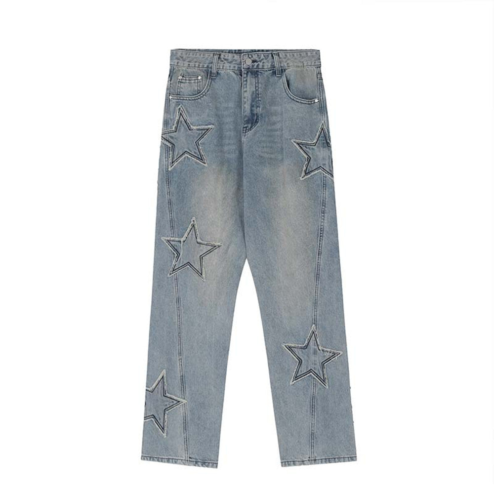 Men's Embroidered Jeans with Cat Whisker Design