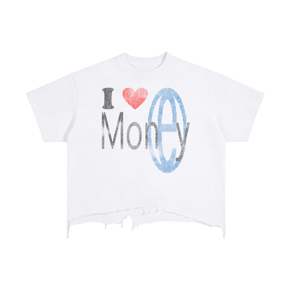 Luv Money White Distressed Hem Washed Shirt Streetwear Cotton 240GSM DTG Print Tee