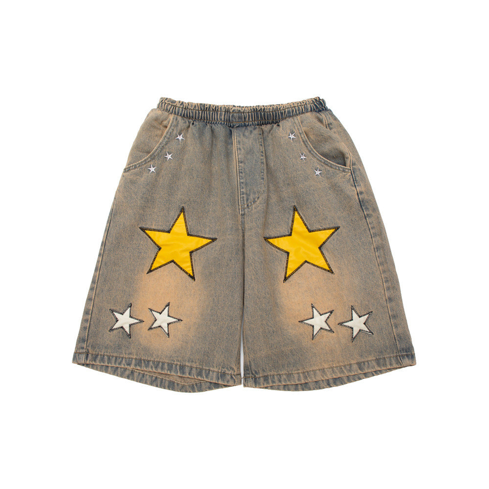 Embroidered Denim Shorts with Men's Pentagram Patch