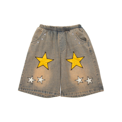 Embroidered Denim Shorts with Men's Pentagram Patch