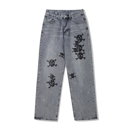 Men's Skull Embroidered Ink Washed Jeans