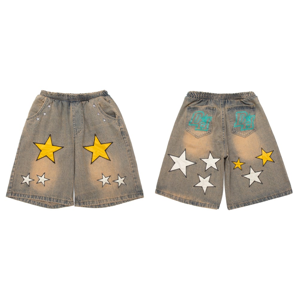Embroidered Denim Shorts with Men's Pentagram Patch