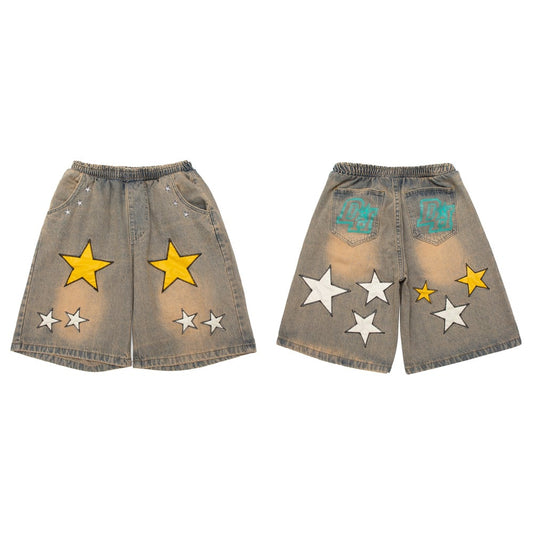Embroidered Denim Shorts with Men's Pentagram Patch